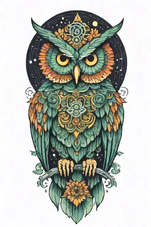 colorful owl with a chrysanthemum  flower, some green spots and starry background that has planets tattoo design idea