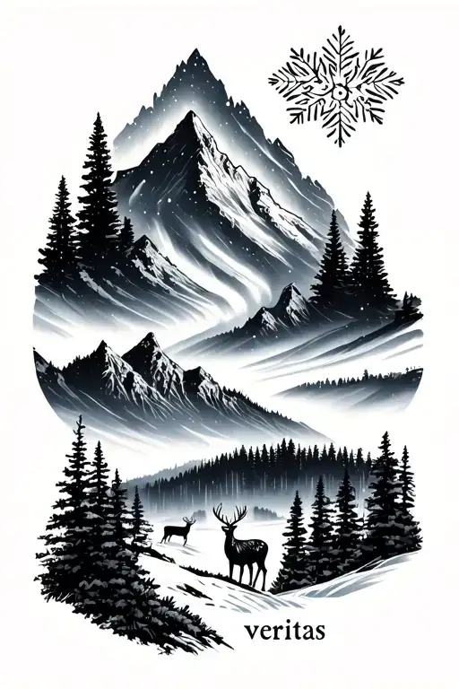 a forest with deer and a mountain range with northern lights, with veritas written at the bottom tattoo design idea