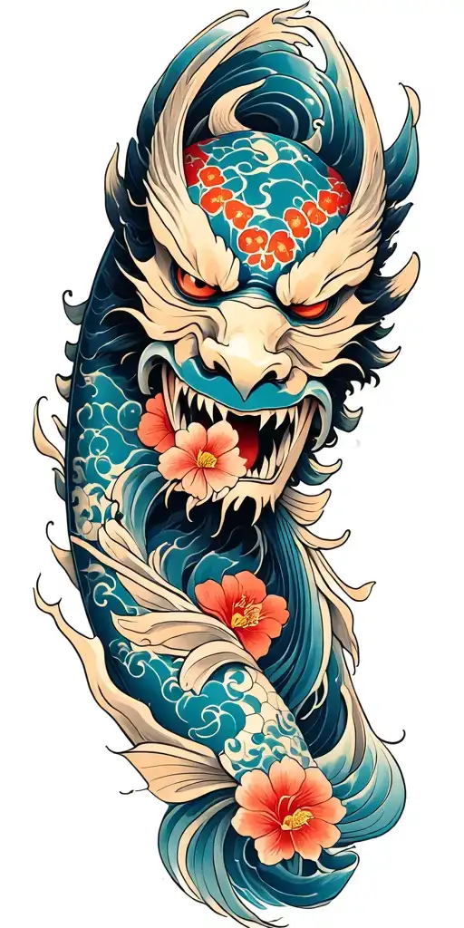 flowers oni demon mask koi fish waves skin breaks loose tattoo design idea