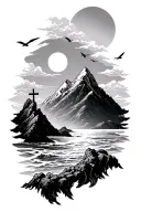 mountain with a cross with a little ocean and birds over the mountain with a little sun in the sky with clouds tattoo design idea