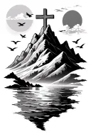 mountain with a cross with a little ocean and birds over the mountain with a little sun in the sky with clouds tattoo design idea