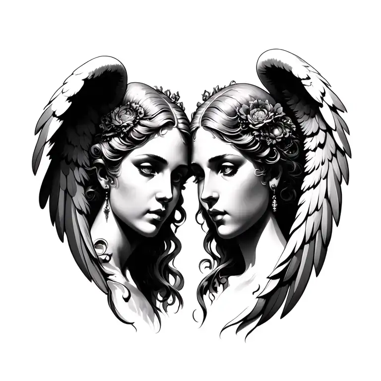 Tattoo for chest closure, from shoulder to shoulder, up to the collarbone, two angel faces, with accessories to close t tattoo design idea