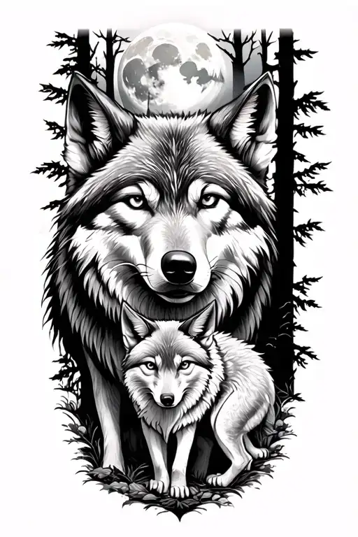 wolf and kitsune in forest and full moon tattoo design idea