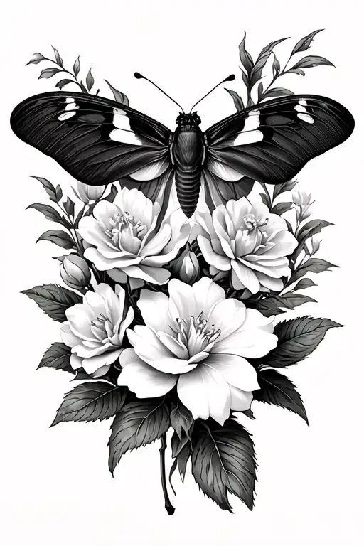 Gardenia flowers behind moth tattoo tattoo design idea