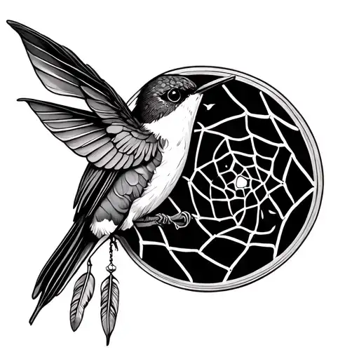"dream catcher with feathers" Humming bird sitting tattoo design idea