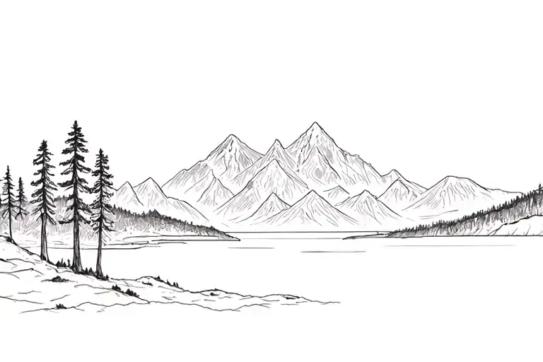 mountains with a few big trees and lake in foreground tattoo design idea