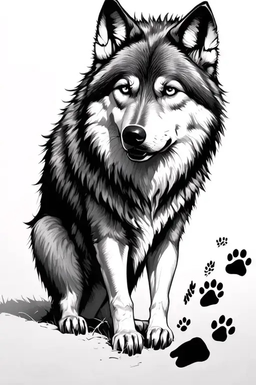wolf with paw prints leading to the wolf tattoo design idea