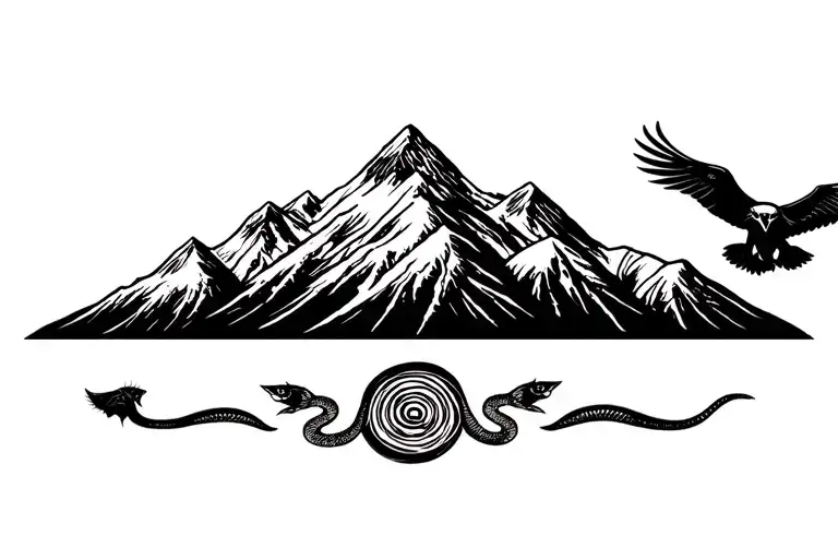 Peruvian mountain range with 3 coca leaves and pachamama spiral and surrounded by a cougar and a snake and a condor tattoo design idea