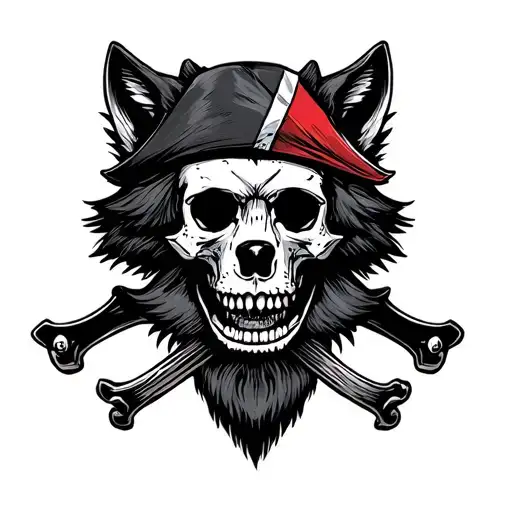 Pirate flag with a skull with mustacho, two paralle lines and a wolf tattoo design idea