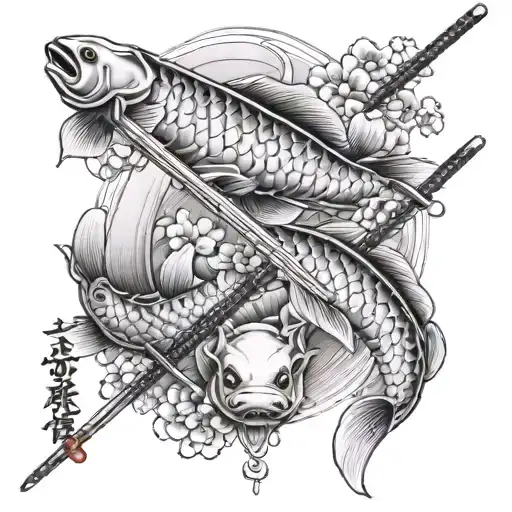 katana with Sakura behind and two carpes koi fish next to the katana  tattoo design idea