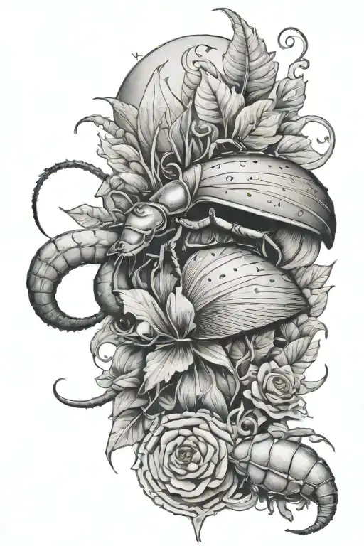 a tattoo sleeve with a venus-flytrap centipede, Hercules beetle, scorpion, and a moth   tattoo design idea