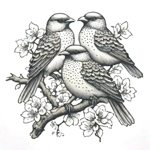 A tattoo of a father, husband, and lover symbolized by three birds perched on cherry blossoms tattoo design idea