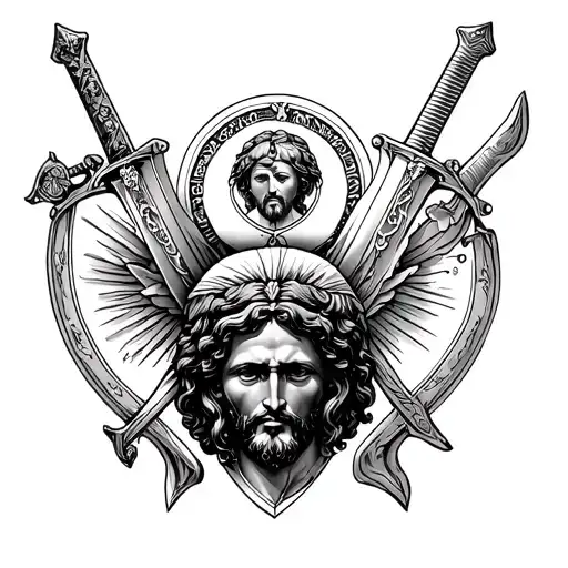 external closure of arm, jesus, sacred heart, warrior with sword and saint benedict medal tattoo design idea