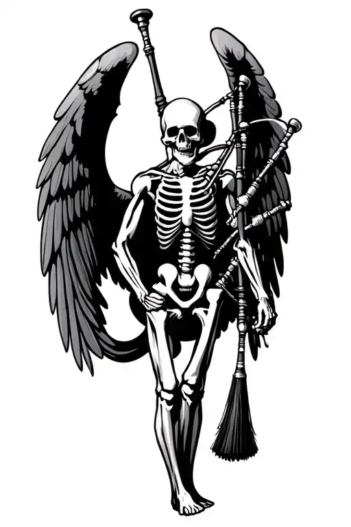 winged muscular skeleton playing bagpipes tattoo design idea
