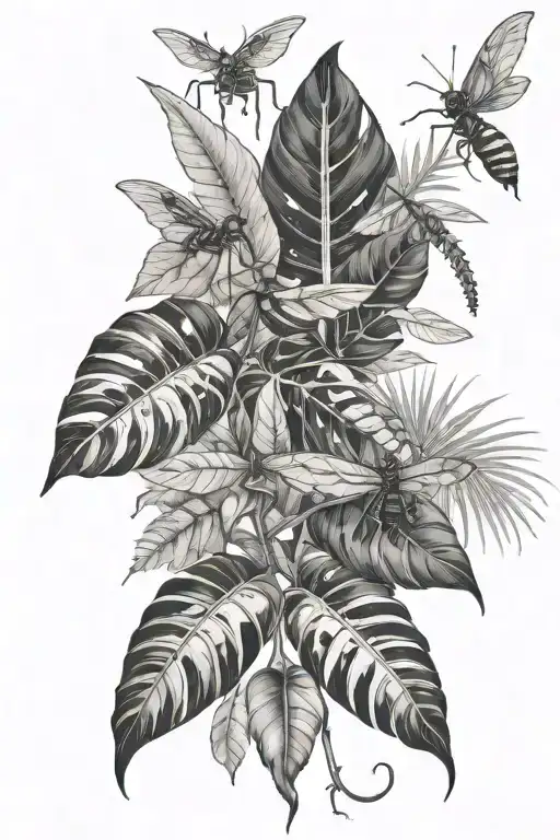 multiple types of tropical leaves, house plants, monstera leaves with a beea praying mantis and a spider  tattoo design idea