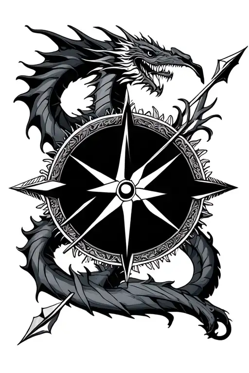 dragon arrow compass rose intertwined tattoo design idea