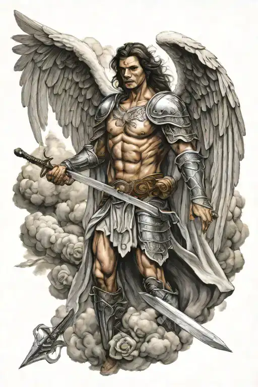 angel warrior with sword and cloud background angel wings tattoo design idea