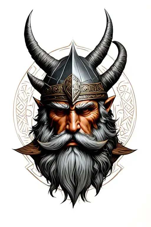 Norse Odin face close up with surrounding designs. tattoo design idea