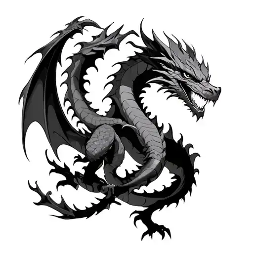 Dragon, wrapping a blazing bladestee: semi-realism with anime effects (as in Demon Slayer or Berserk). Composition: Composition: tattoo design idea