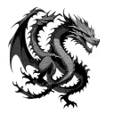 Dragon, wrapping a blazing bladestee: semi-realism with anime effects (as in Demon Slayer or Berserk). Composition: Composition: tattoo design idea