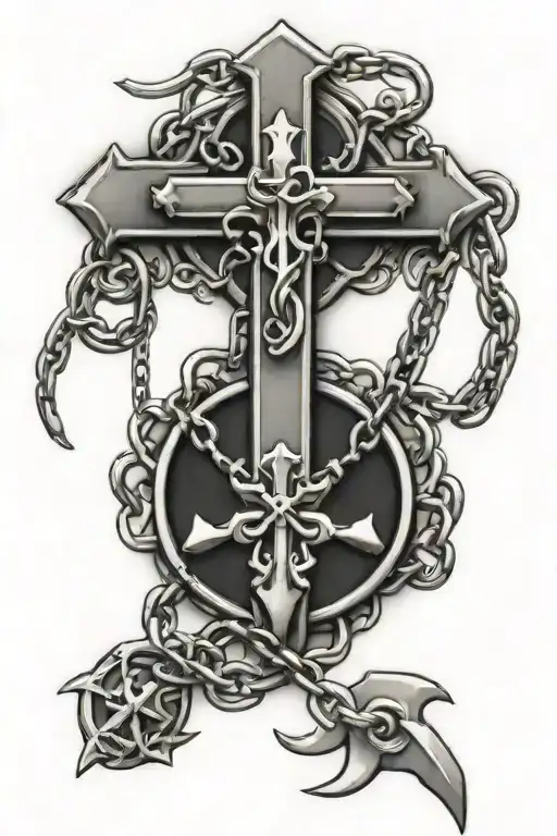 chain forearm tattoo that has a dangling cross  that has charms dangling off of it tattoo design idea