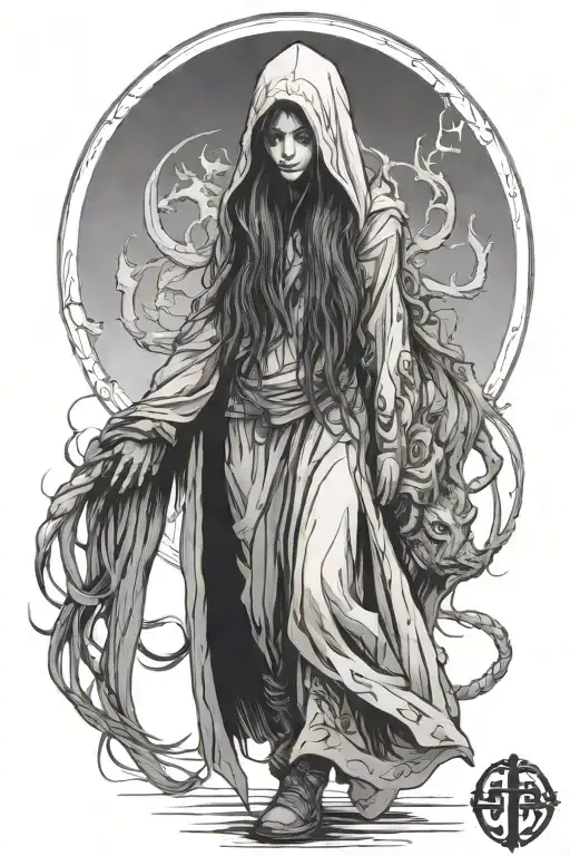 a girl with long hair and a huge hooded beast walking side by side tattoo design idea