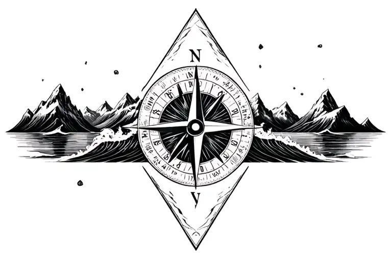 large compass surrounded by intricate geometric mountains and crashing waves, black and white, triangle frame tattoo design idea