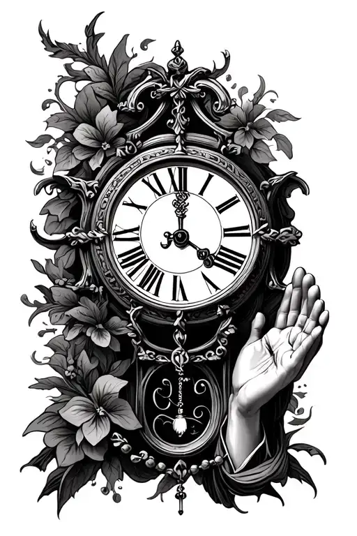clock with roman numbers and hands praying with rosary  tattoo design idea