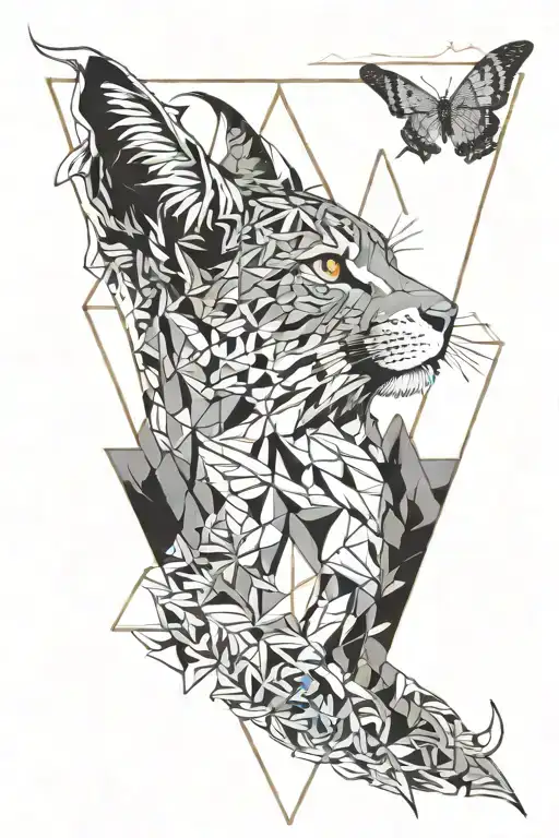 black and white lynx colibri volcano triangle outline intertwined tattoo design idea
