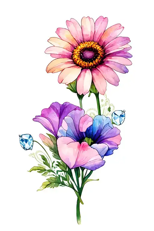 daisy flower with sweet pea flower with diamond heart and lace tattoo design idea