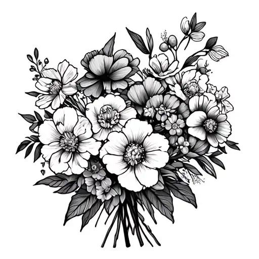 fine line tattoo of a bouquet with carnations, primroses, cherry blossoms, peonies, and narcissus flowers  tattoo design idea