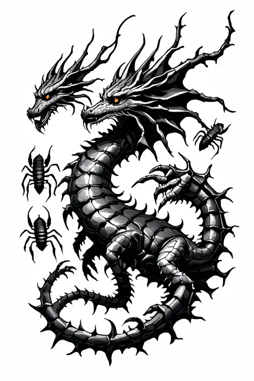 thorny dead vines. scorpions each side of dragon. dragon top middle. patchwork tattoo design idea