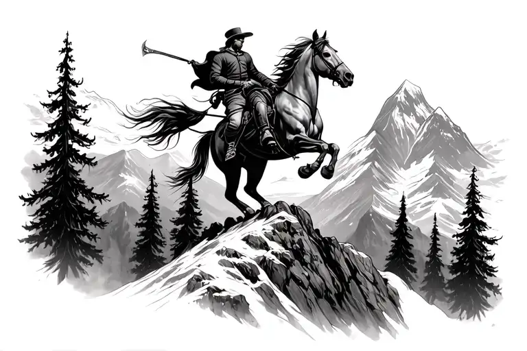 a horse rider atop a mountain that portrays him conquering his personal struggles by the grace of god tattoo design idea