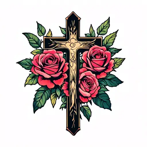 cross surrounded in roses blooming tattoo design idea