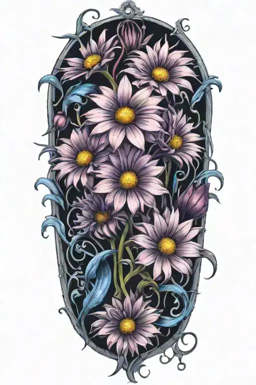 purple daisy flowers intertwined with blue cos talking to the death tattoo design idea