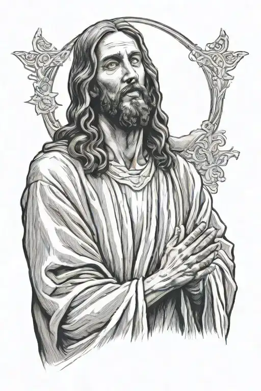 jesus standing in robe straight one looking forward praying  hands togther  tattoo design idea