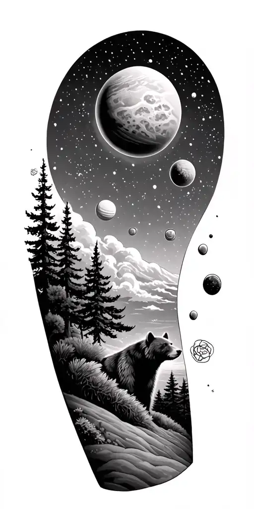 trees and bear lower arm honey comb sky then space planets stars upper arm tattoo design idea