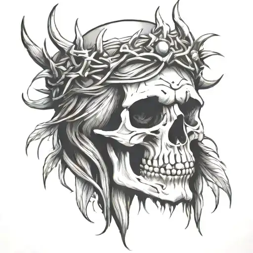skull wearing Jesus's crown of thorns tattoo design idea