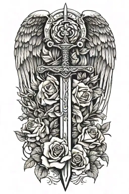 angel wings behind sword, roses tattoo design idea