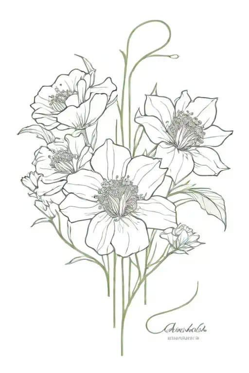 spine tattoo, including Mary gold,cosmos, gladidus, poppies, narcissus, jonquil, daffodil, daisy, and sweet pea flowers tattoo design idea