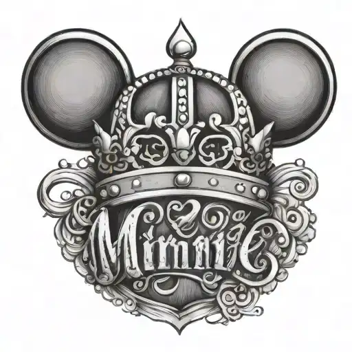 Minnie the name in cursive with a little heart and a little queen crown  tattoo design idea