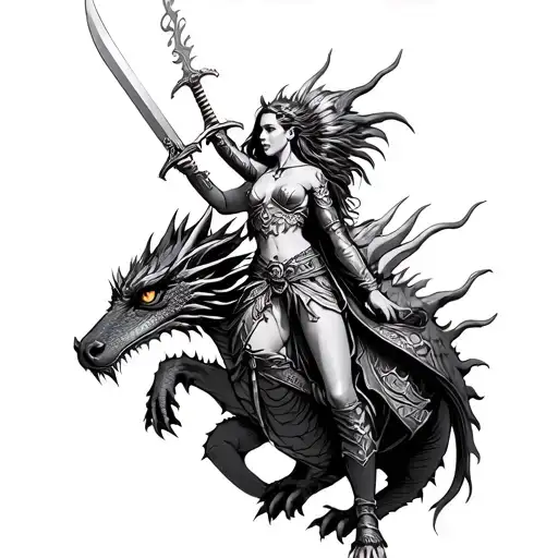 Valkyrie holding sword riding a dragon tattoo design idea