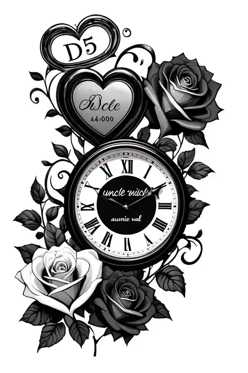 3 heart shaped clocks with roses, one clock with the name D5 and 4:00, one with the name uncle will, one with auntie val tattoo design idea