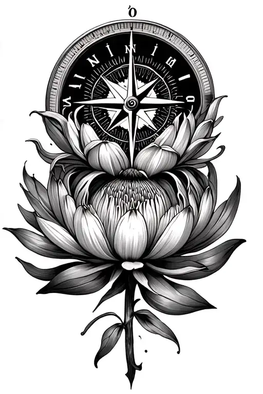 Compass and protea flower intertwined, table mountain  tattoo design idea