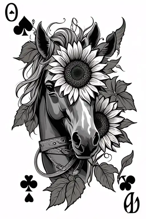 western, sunflower, tooled leather, 4 ace cards, horse tattoo design idea