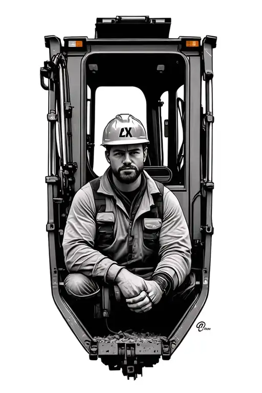 A realistic portrait of an excavator operator in their cabin, focused and determined, with detailed shading to capture the essence of hard work and dedication tattoo design idea