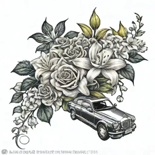 roses, cherry blossoms and lilies bouquet with a small Mercedes Benz logo in the middle tattoo design idea