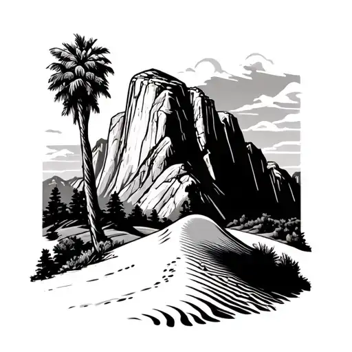 El Capitan from Yosemite next to a sand dune, a palm tree and a hill tattoo design idea