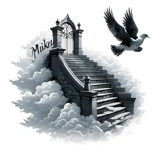 Doves with a staircase to heaven gates with clouds and the name mikey tattoo design idea