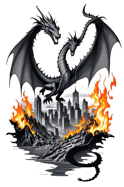 dragons burning city and mountains tattoo design idea